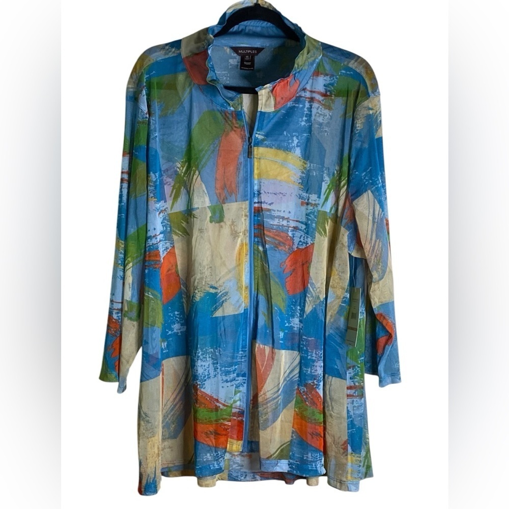 Multiples Sheer Front Zip Geometric Blouse or Swimsuit Cover Women’s Size 3X